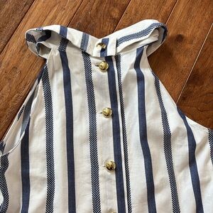 Sail to Sable Blue and White Stripe Cowl Neck Button Down Back Shirt, Medium